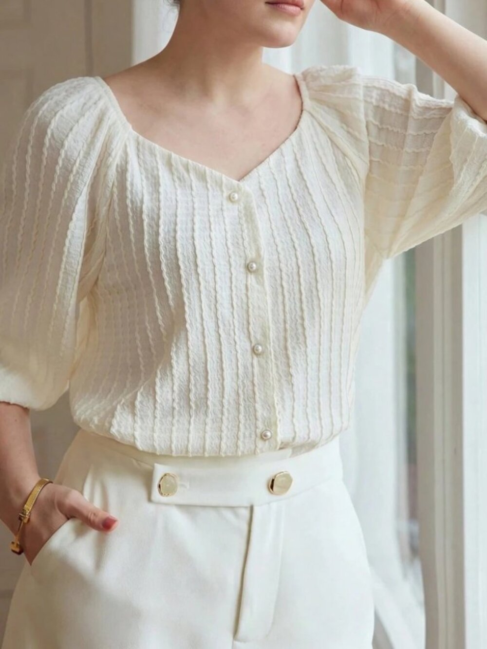 Cream Textured Knit Blouse with Pearl Buttons